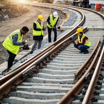 Firefly_Sicherungspersonal beim Eisenbahnbau (Gleisanlagen), Deutsche Bahn, Neubau 78761